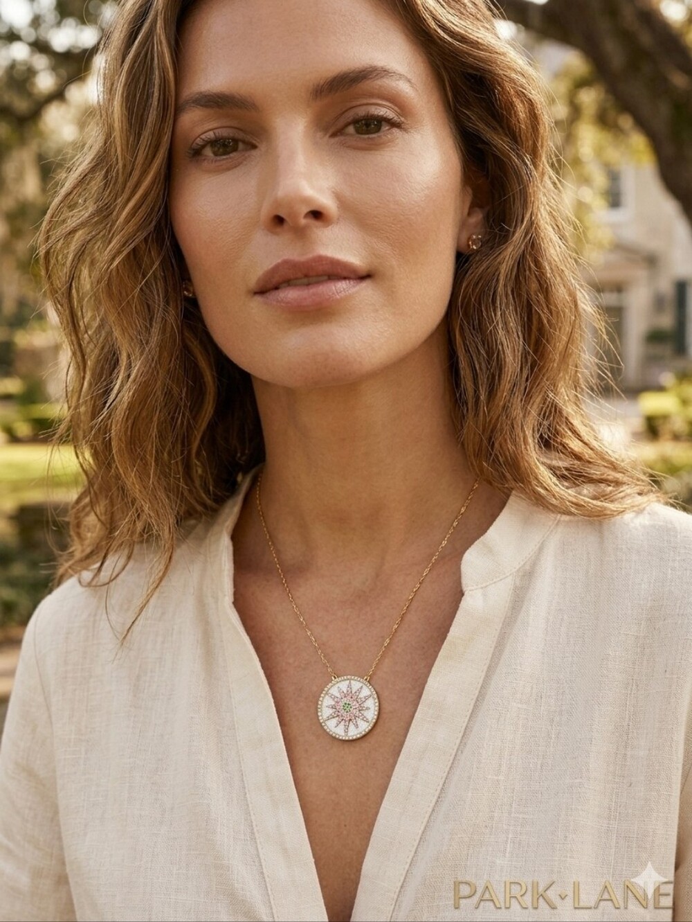 Park Lane Gold-Tone Compass Pendant Necklace — White, Pink & Green Accents